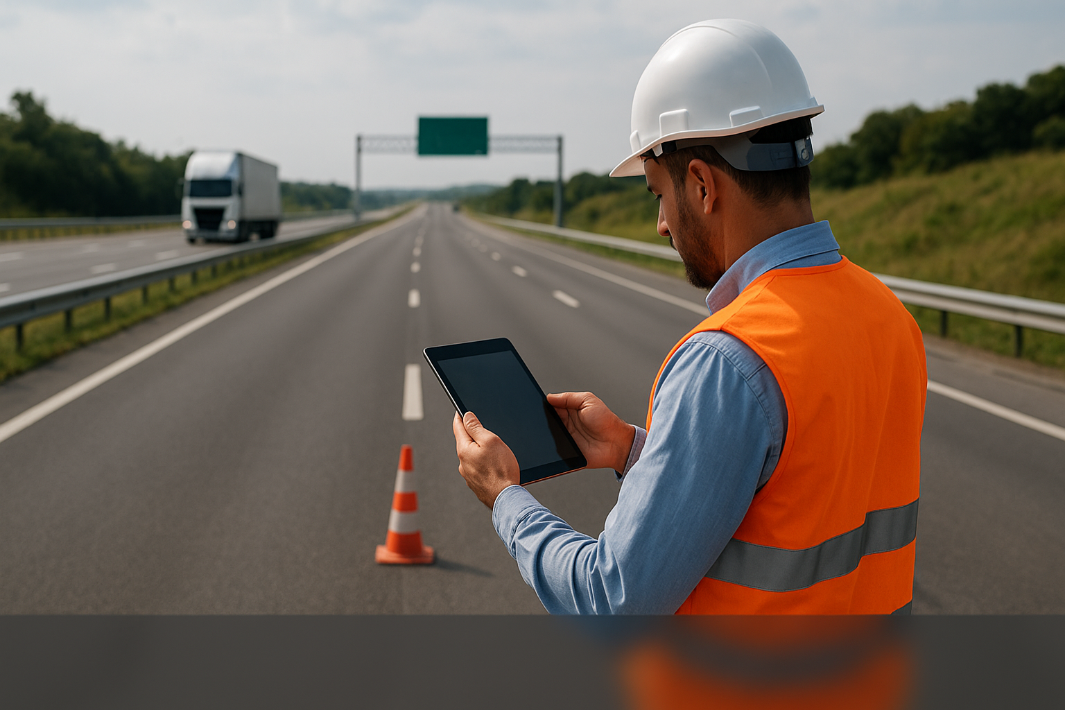 Engenheiro ou inspetor de segurança utilizando tablet em rodovia vazia com caminhão ao fundo e cones de sinalização em primeiro plano.