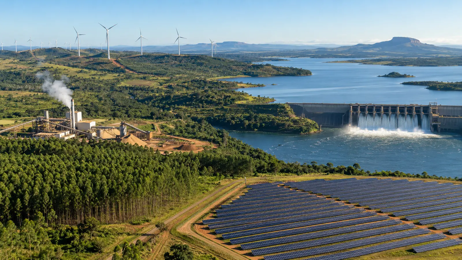 Panorama da matriz energética brasileira com hidrelétrica, solar, eólica e biomassa