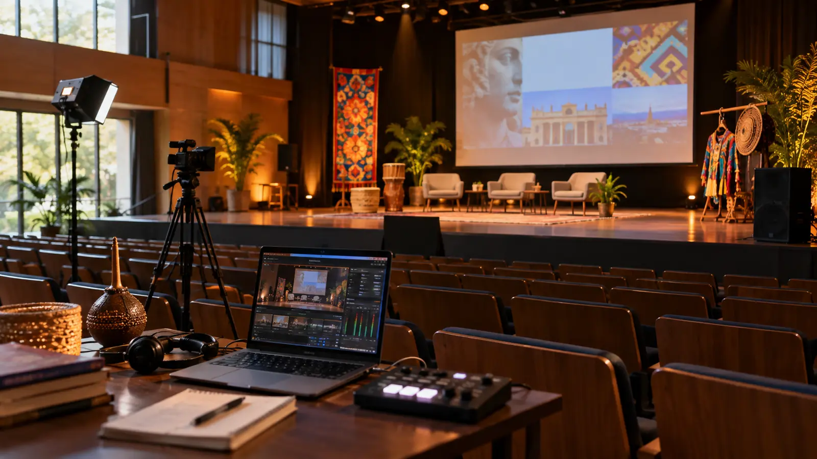 Auditório de centro cultural preparado para aulas online e transmissão digital