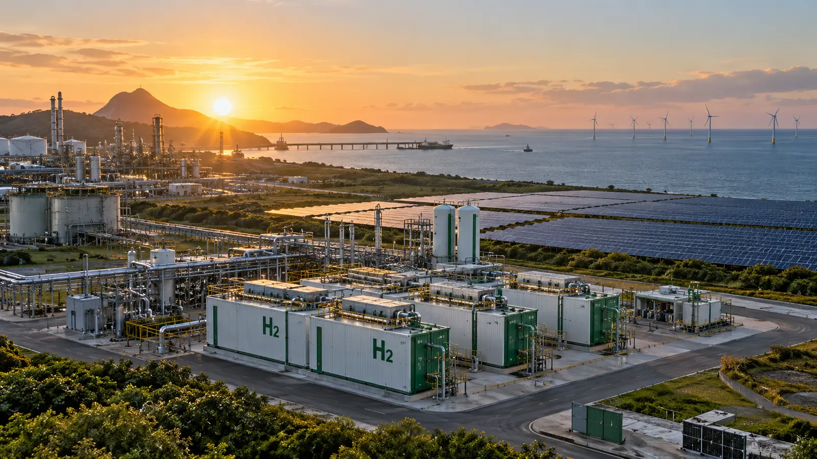 Complexo industrial com hidrogênio verde, energia solar e eólica offshore