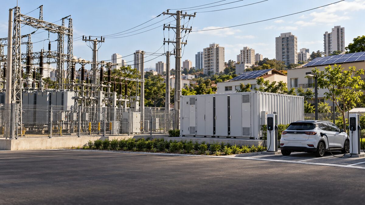 Rede elétrica urbana com subestação, bateria e carregadores de veículos elétricos