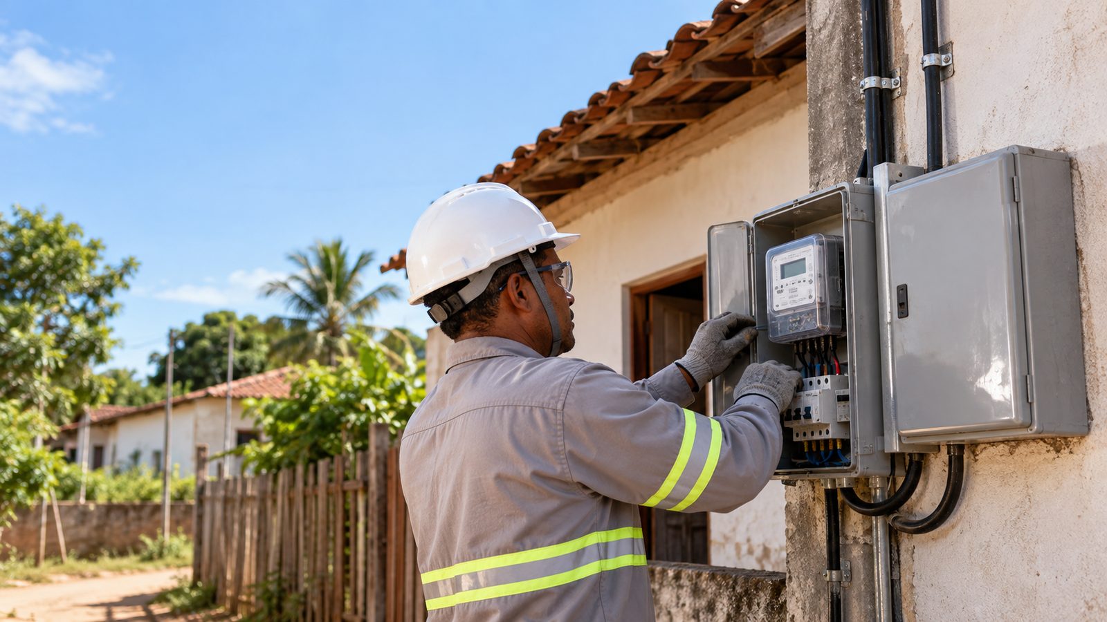 Imagem ilustrativa gerada com inteligência artificial de técnico junto a medidor elétrico residencial, sem representar beneficiário ou serviço específico.