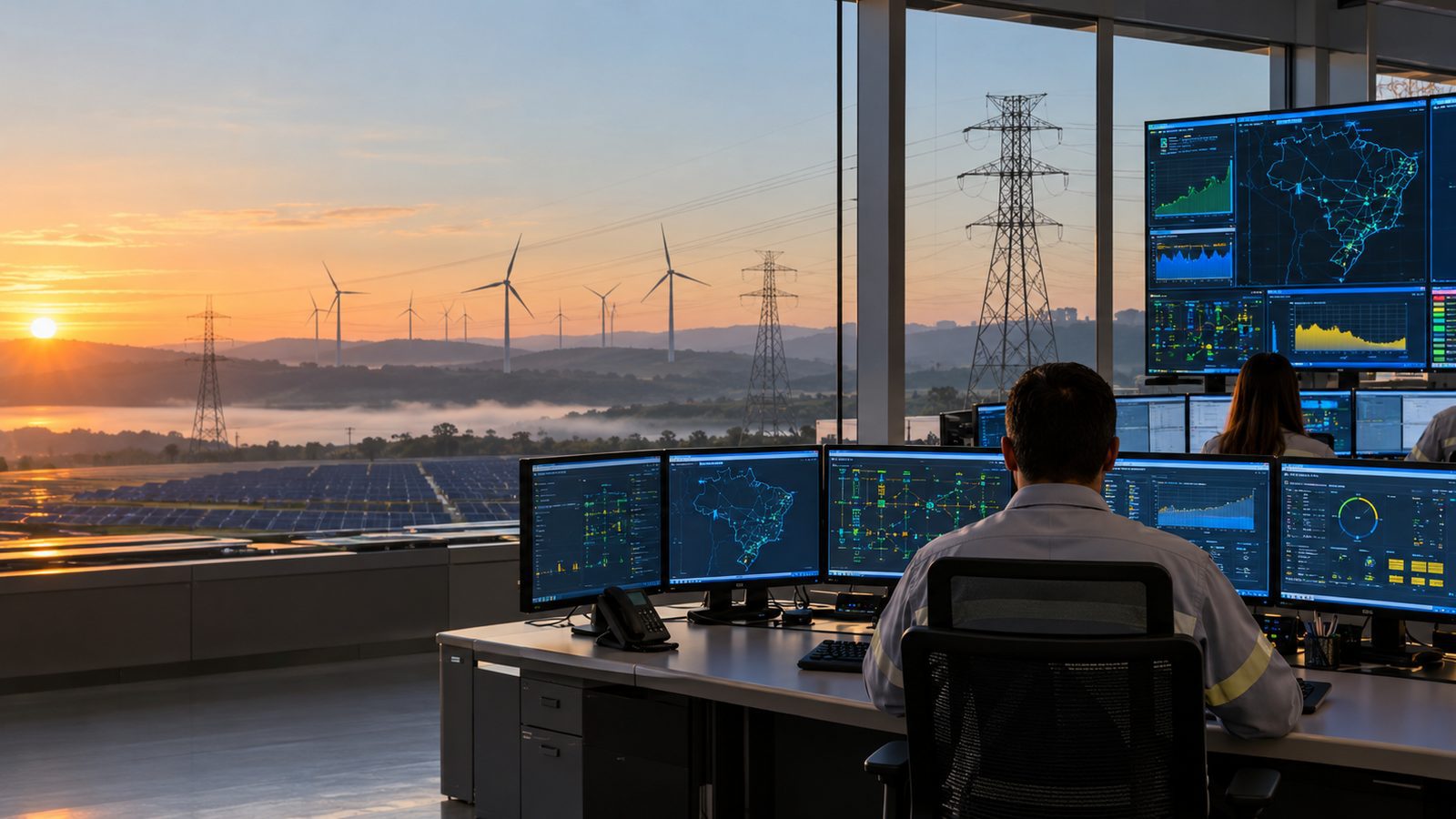 Imagem ilustrativa de centro de operação do sistema elétrico acompanhando fontes renováveis e linhas de transmissão.