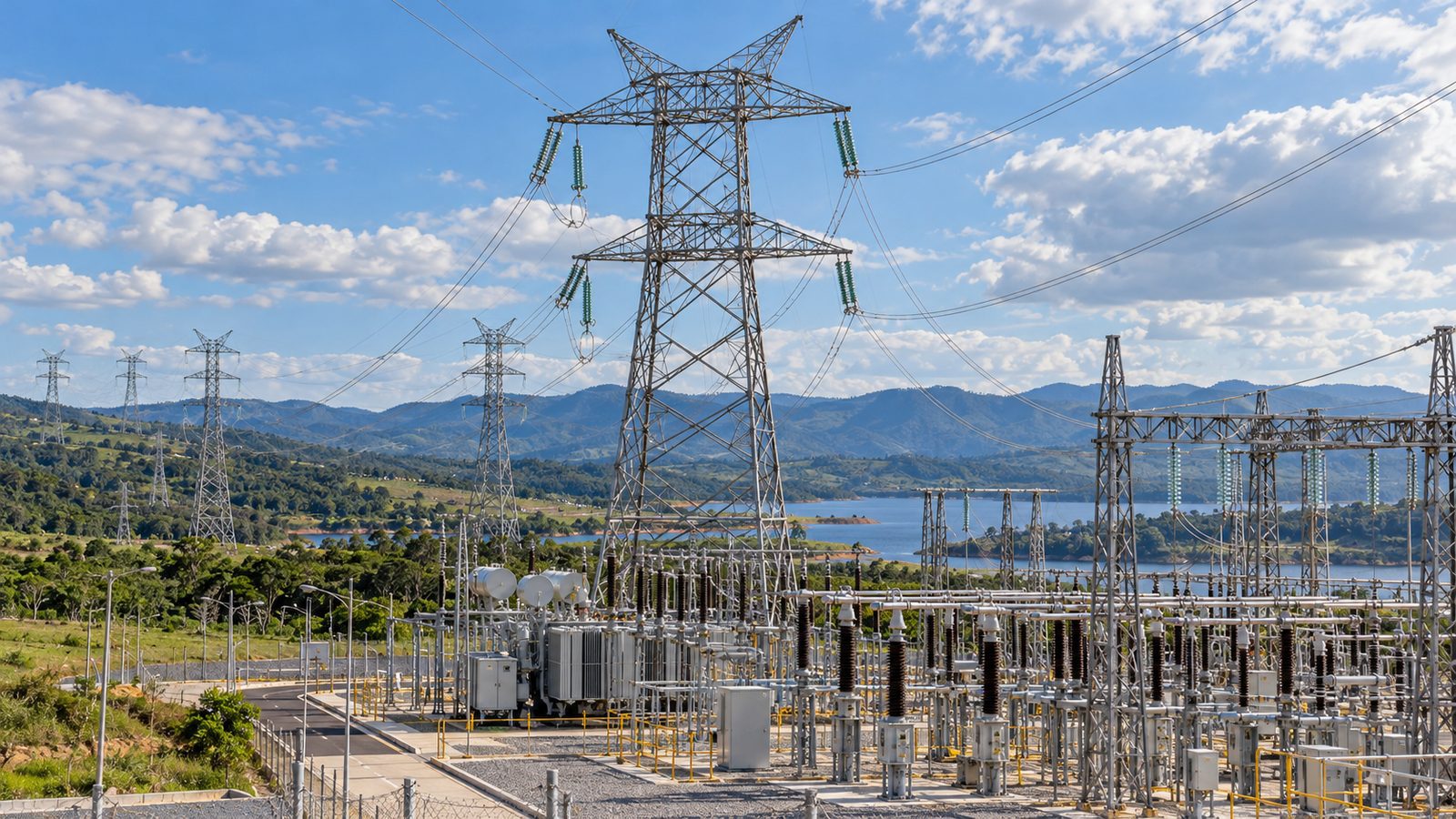 Imagem ilustrativa de linhas e subestação de transmissão de energia.