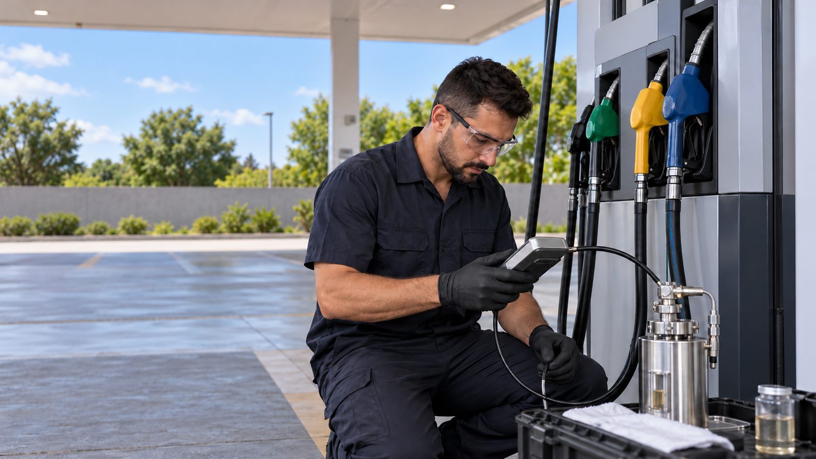 Imagem ilustrativa gerada por inteligência artificial de profissional inspecionando equipamentos em posto de combustíveis sem marca.