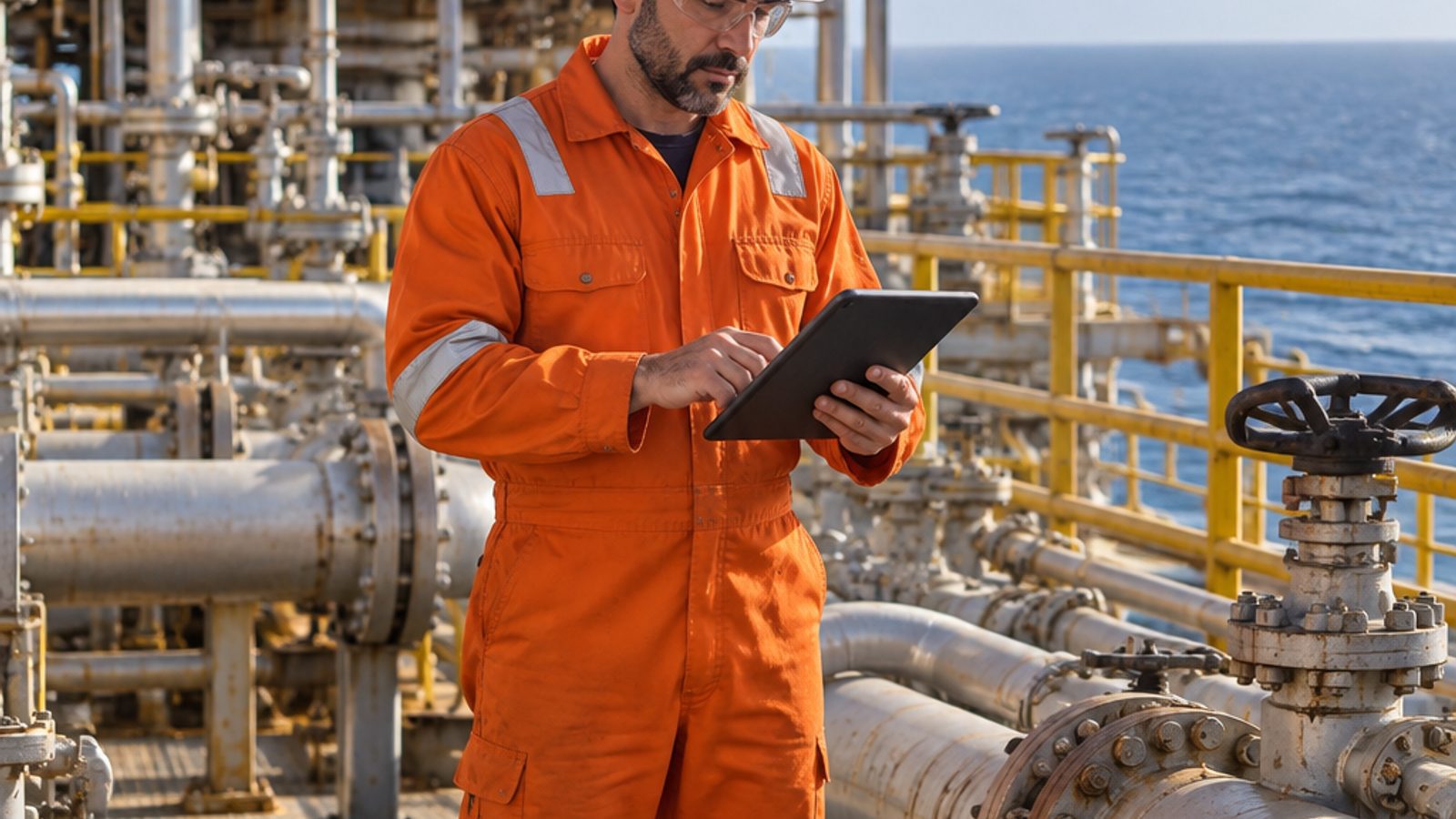 Imagem ilustrativa de profissional consultando tablet em instalação de produção de petróleo.