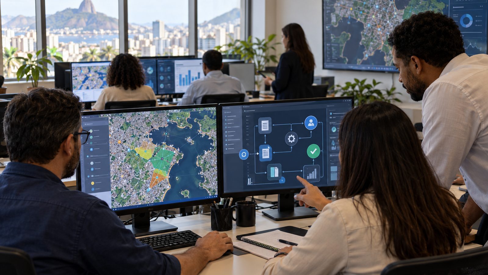 Imagem ilustrativa de equipe municipal analisando processos digitais e mapa urbano integrado.