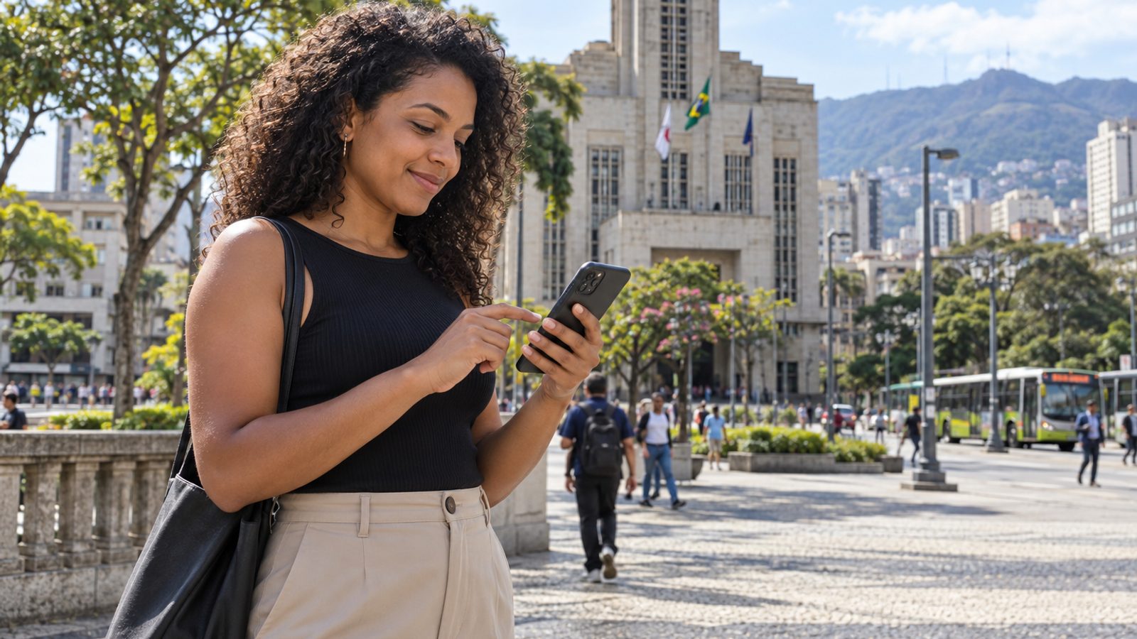 Imagem ilustrativa de moradora usando aplicativo de serviços públicos digitais de Belo Horizonte.