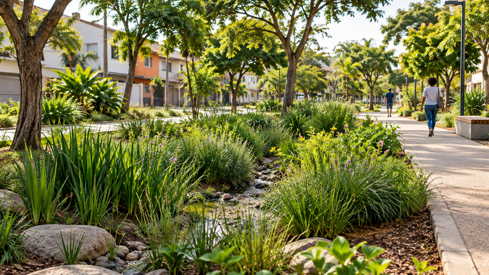 Imagem ilustrativa de área verde e jardim de chuva urbano; não representa intervenção concluída do BH Cidade Viva.