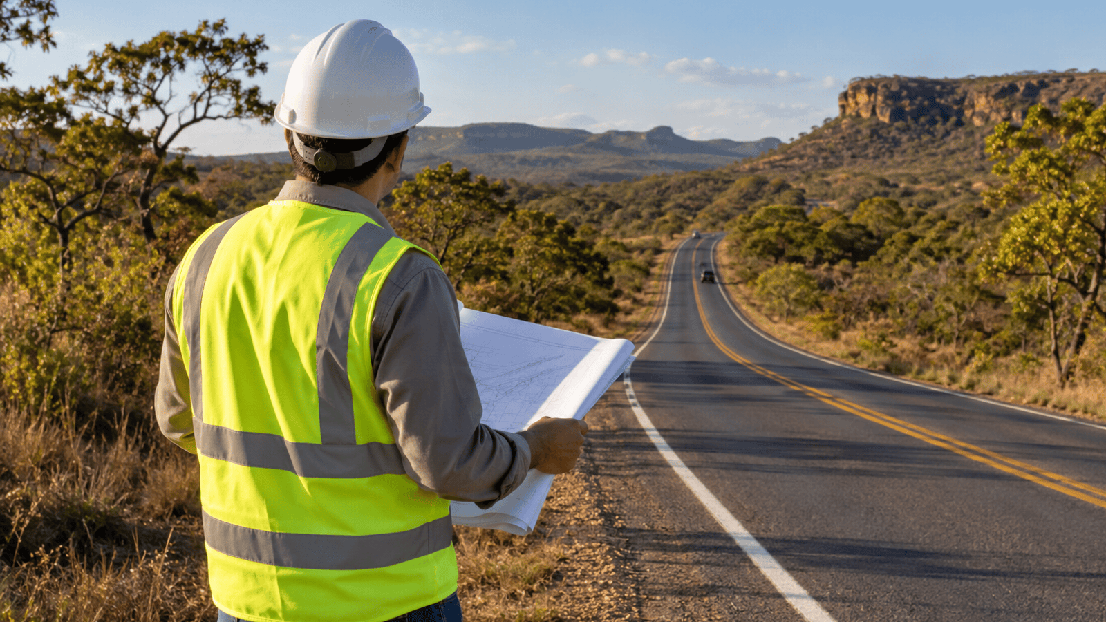 Imagem ilustrativa de levantamento técnico junto a rodovia rural; não representa obra entregue ou traçado oficial.