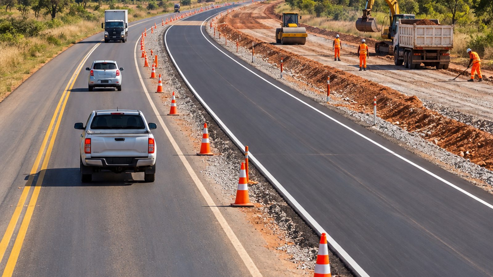 Imagem ilustrativa de obras de duplicação de rodovia em paisagem plana, com cones e pista lateral.