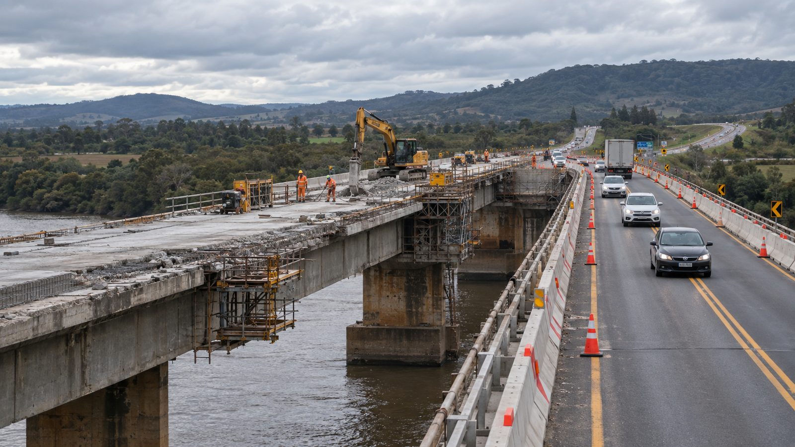 Imagem ilustrativa de ponte rodoviária em manutenção na BR-116 no Rio Grande do Sul.