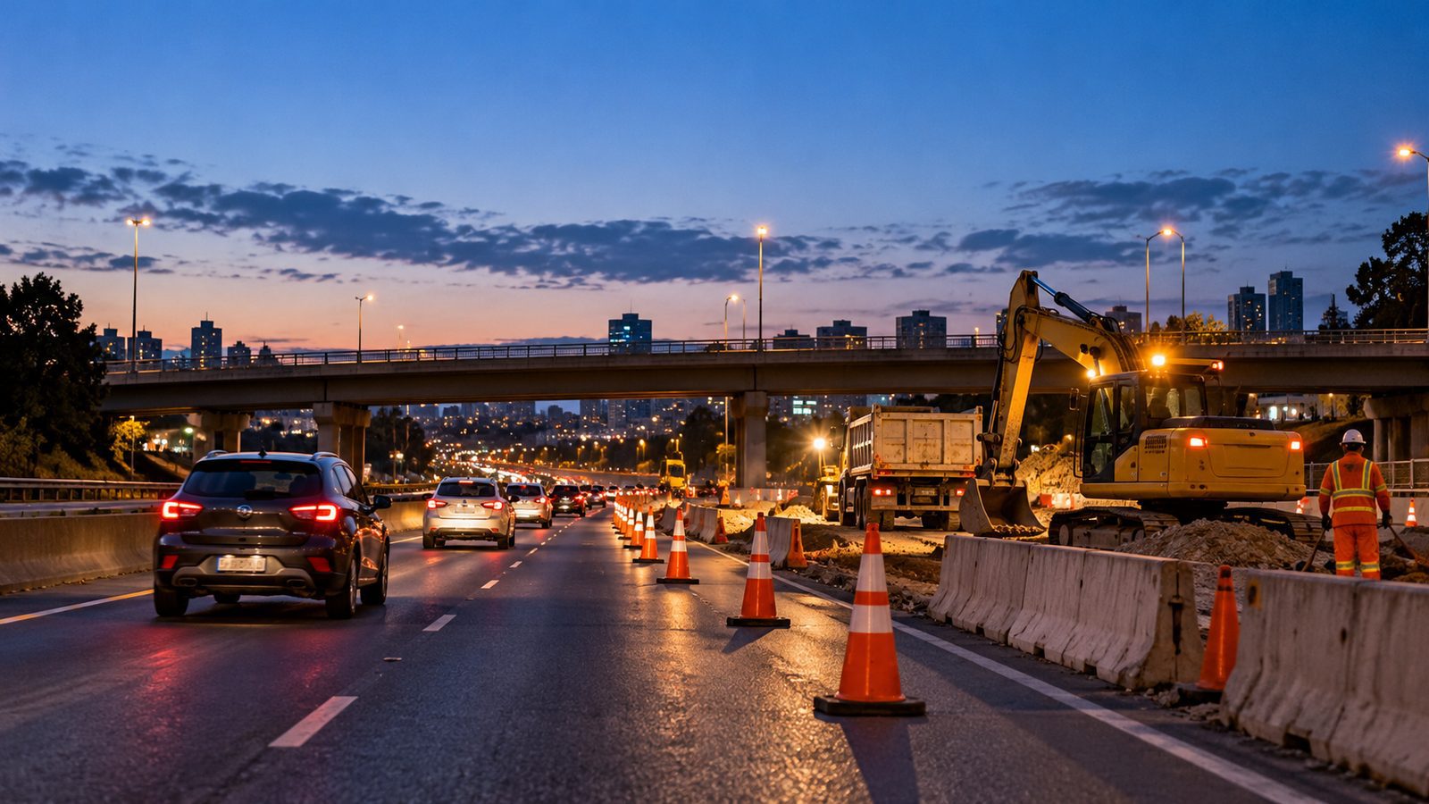 Imagem ilustrativa gerada por inteligência artificial de faixa estreitada junto a obras de viaduto, sem representar a intervenção em Canoas.
