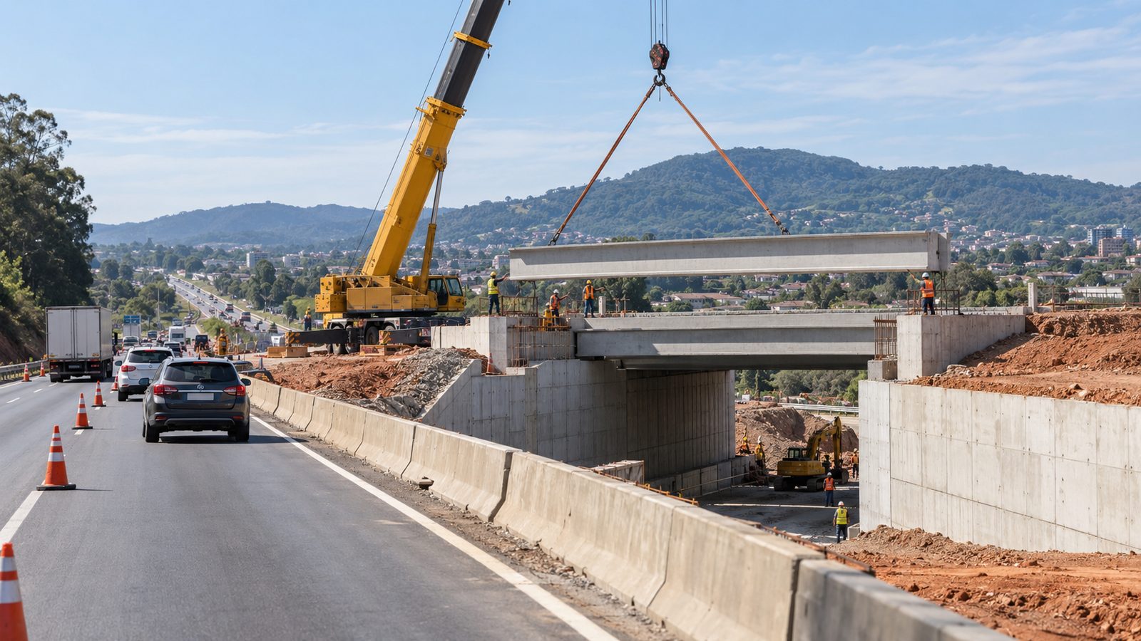Imagem ilustrativa de guindaste instalando vigas pré-moldadas junto à BR-116 em Novo Hamburgo.