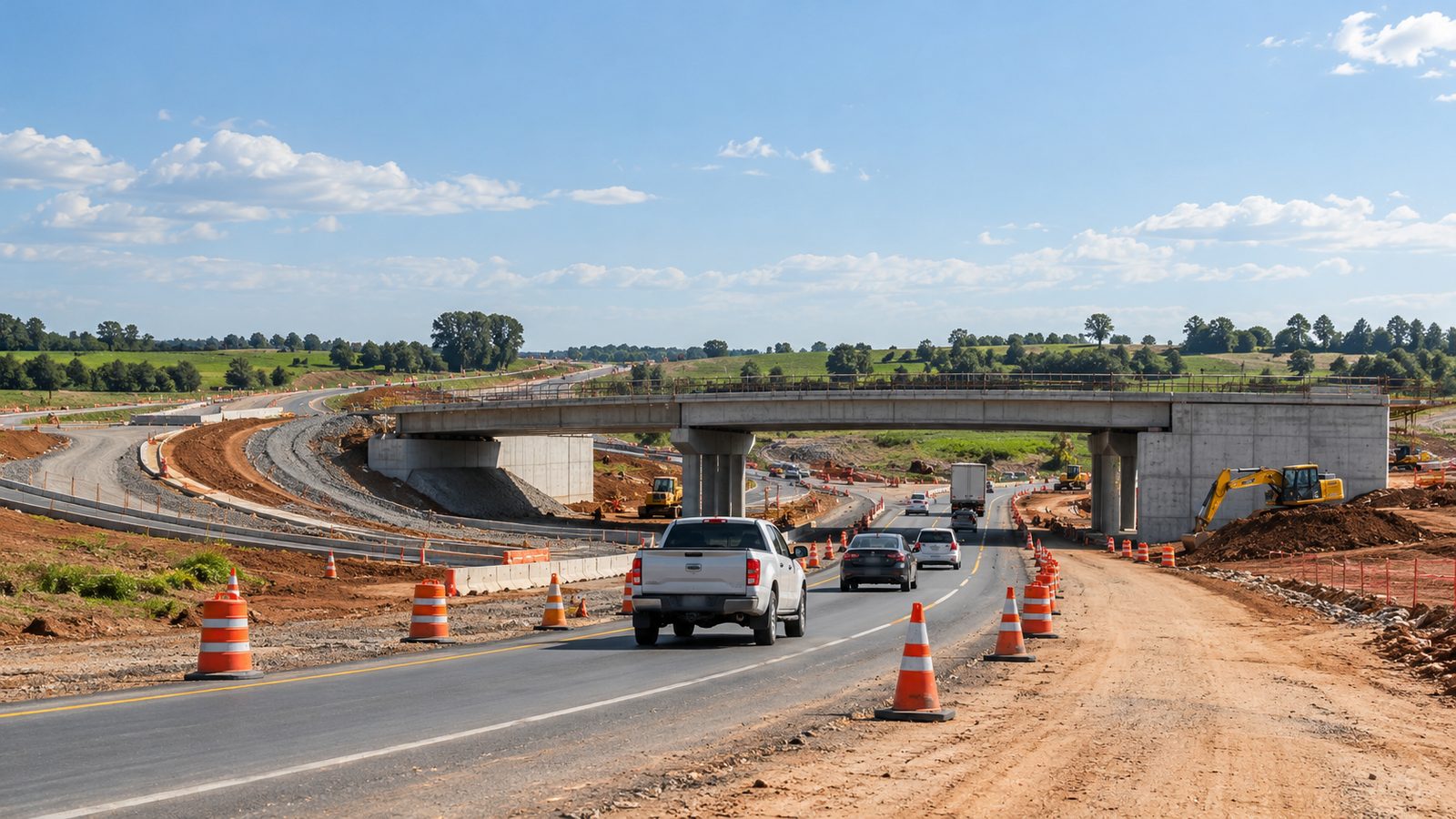 Imagem ilustrativa gerada com inteligência artificial de desvio viário junto a viaduto em obras, sem representar o trevo de Camaquã.
