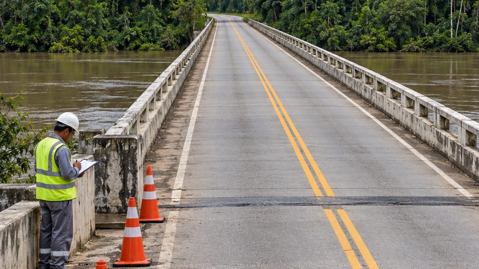 Imagem ilustrativa de manutenção preventiva no acesso a uma ponte rodoviária em paisagem amazônica.