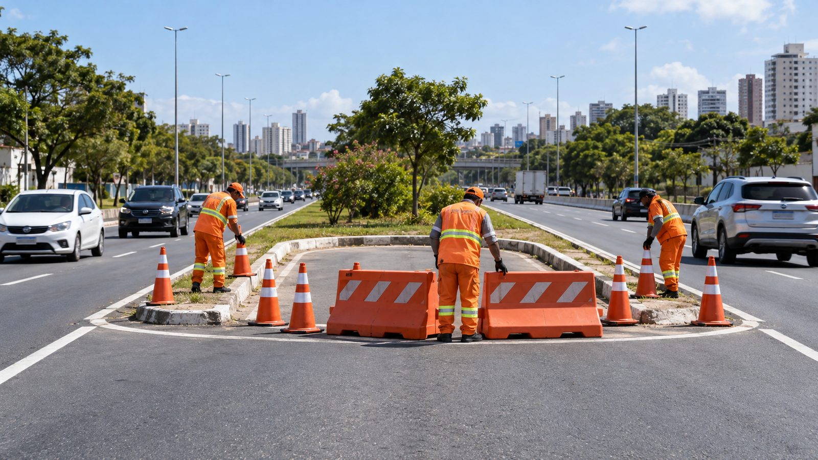 Imagem ilustrativa gerada por inteligência artificial de equipe e barreiras em retorno de rodovia urbana; não documenta a obra da BR-287.