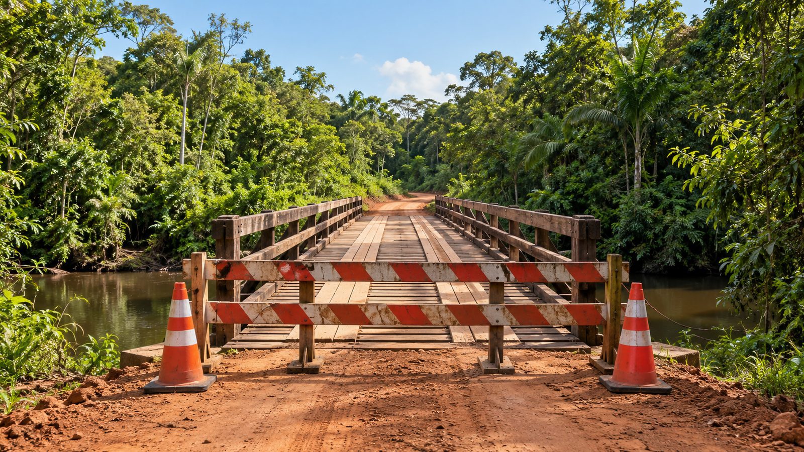 Imagem ilustrativa gerada por inteligência artificial de ponte de madeira com barreira de interdição; não representa a ponte do Puruzinho.