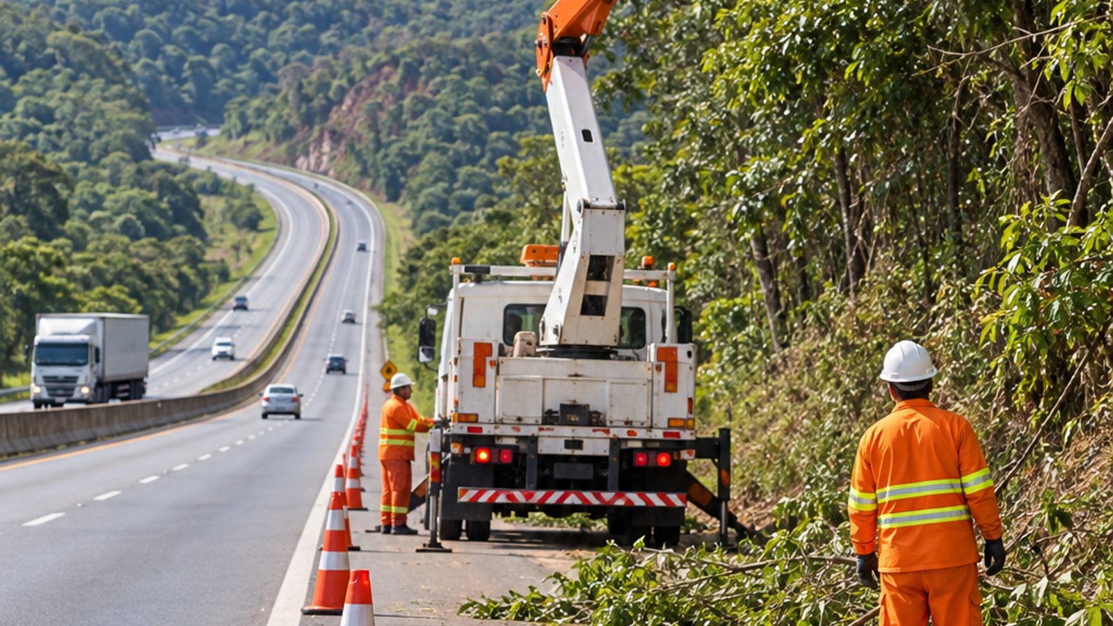 Imagem ilustrativa de equipe realizando poda preventiva junto a uma rodovia.