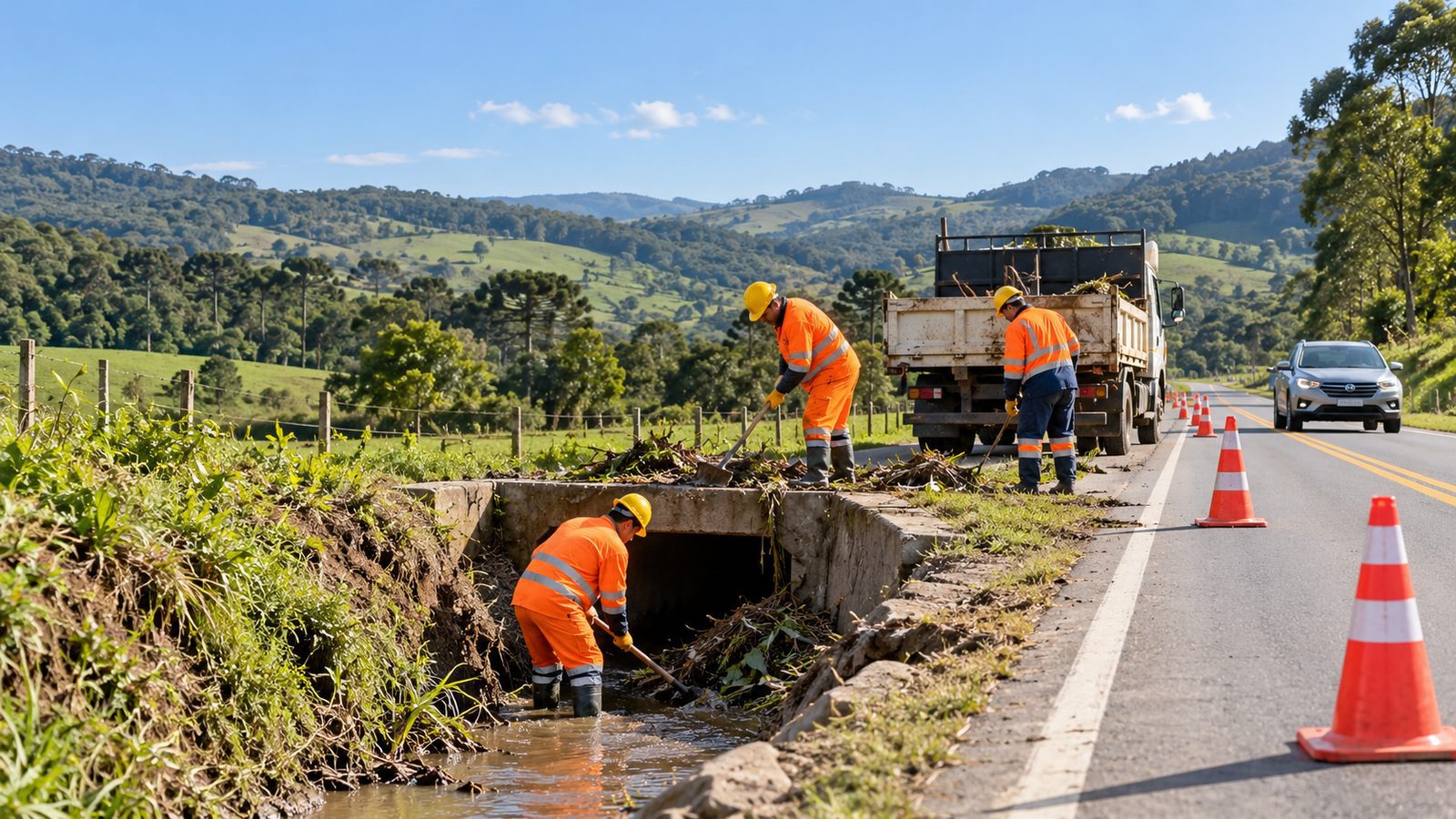 Imagem ilustrativa gerada por inteligência artificial de manutenção de drenagem junto a rodovia, sem representar o km 105 da BR-470.
