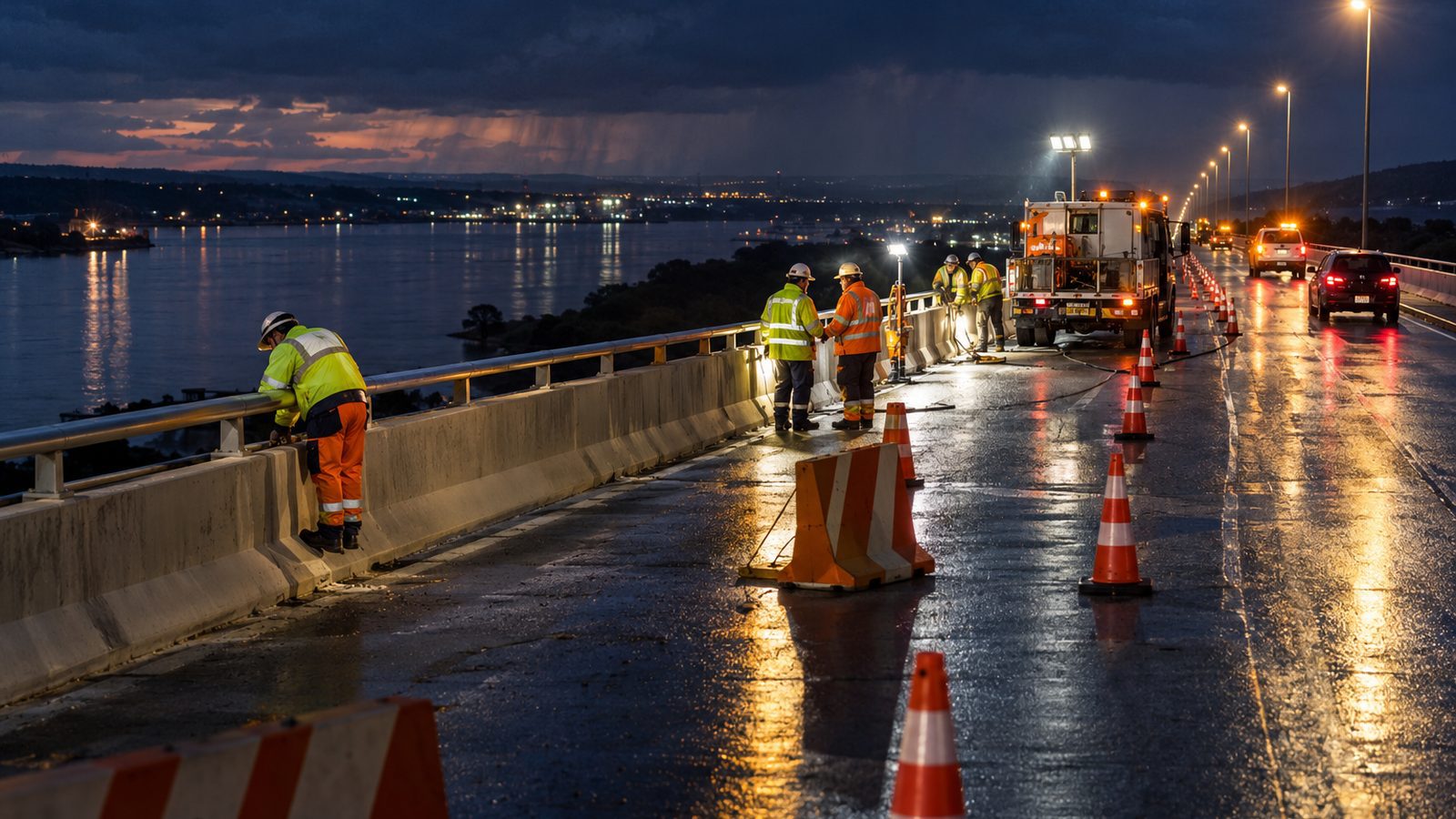 Imagem ilustrativa de ponte rodoviária sobre o Rio Jacuí sinalizada para interdição noturna.