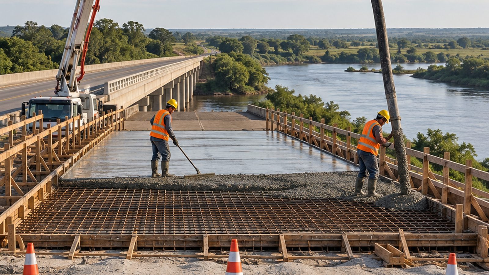 Imagem ilustrativa de concretagem de laje em uma obra de ponte, com cones e equipe usando equipamentos de proteção.
