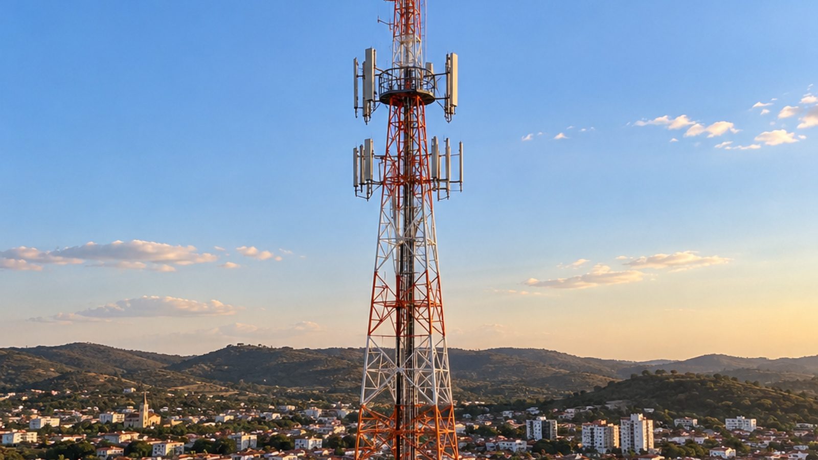 Imagem ilustrativa de torre de transmissão de televisão digital próxima a uma cidade brasileira.
