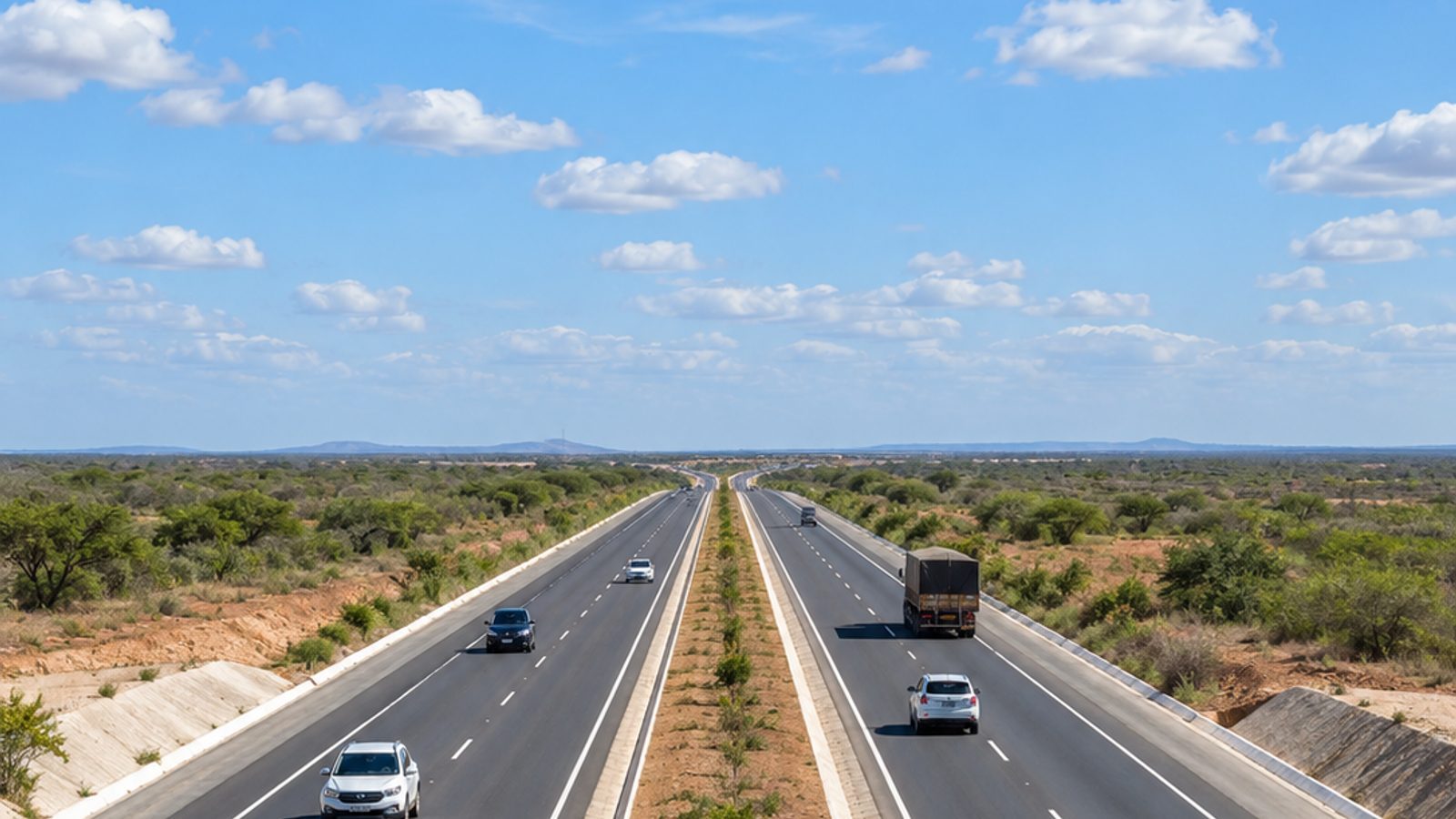Imagem ilustrativa de trecho duplicado da BR-304 no Rio Grande do Norte, com tráfego leve e paisagem semiárida.