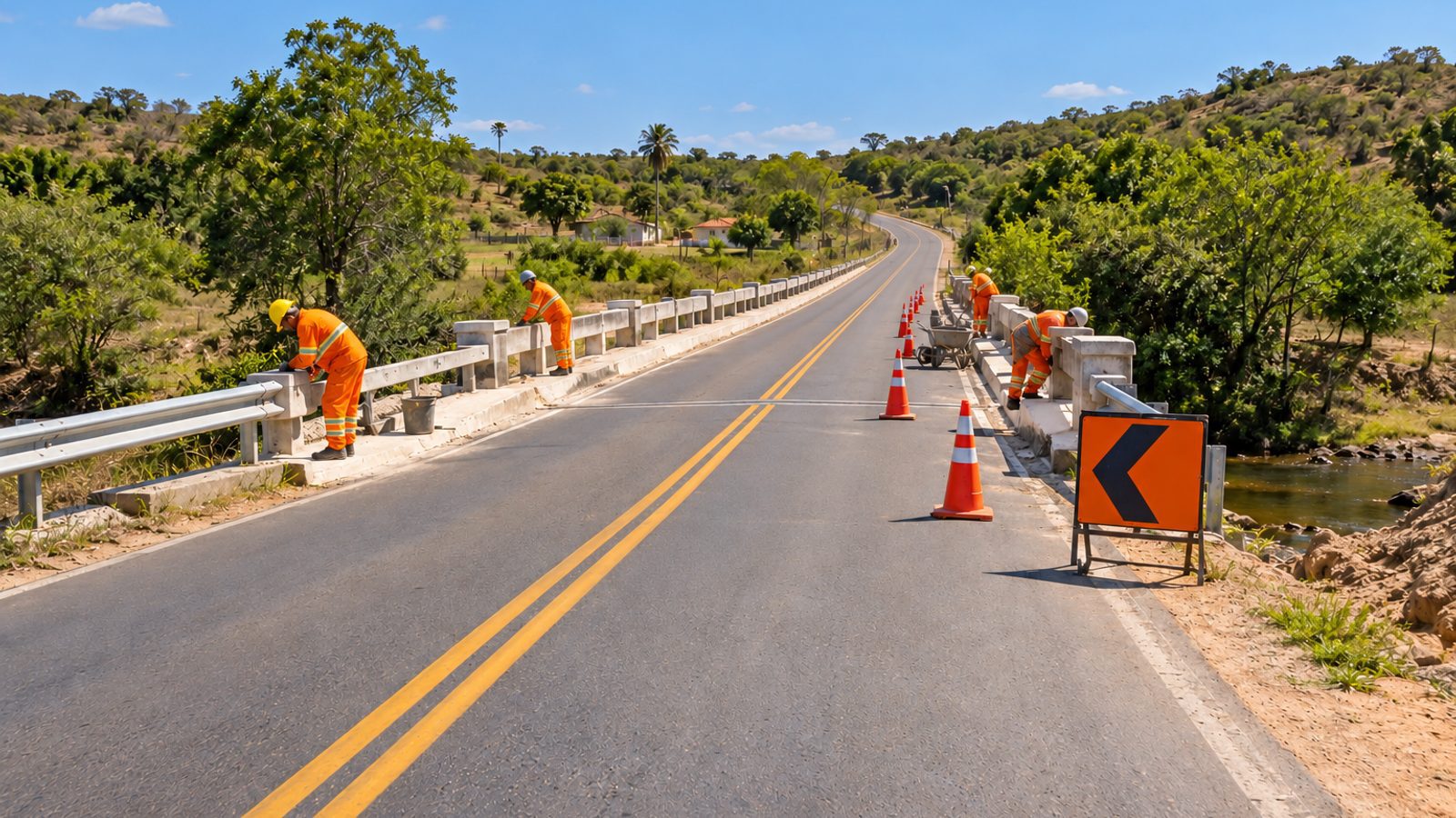 Imagem ilustrativa de serviços de reabilitação em uma pequena ponte rodoviária, com cones e equipe de obras.