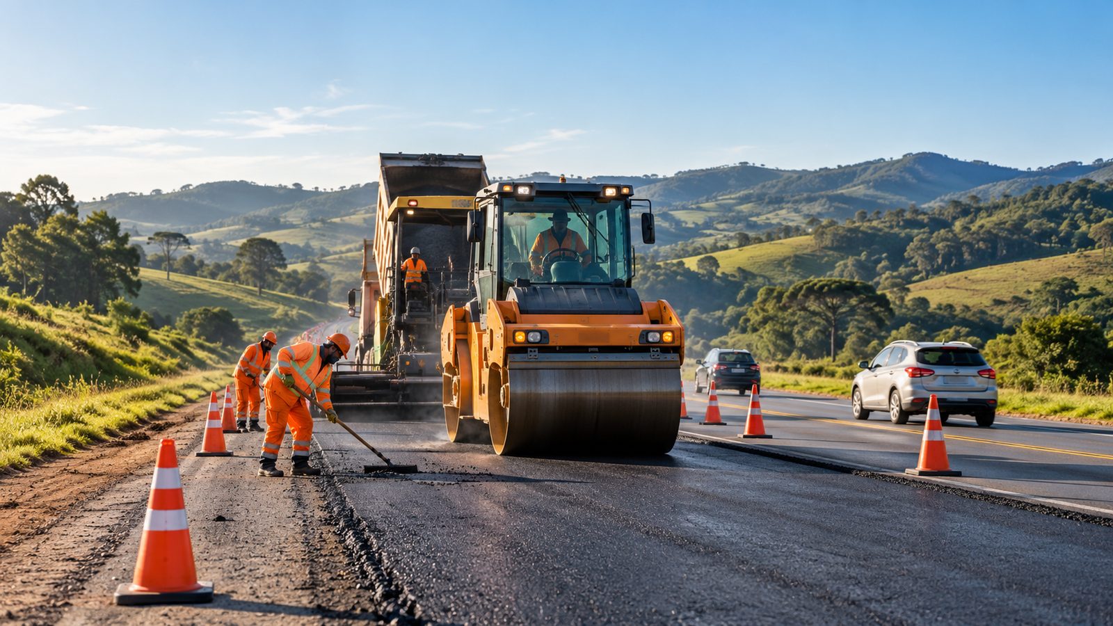 Imagem ilustrativa gerada por inteligência artificial de manutenção de pavimento em rodovia do Sul do Brasil, sem representar uma frente específica do DNIT.