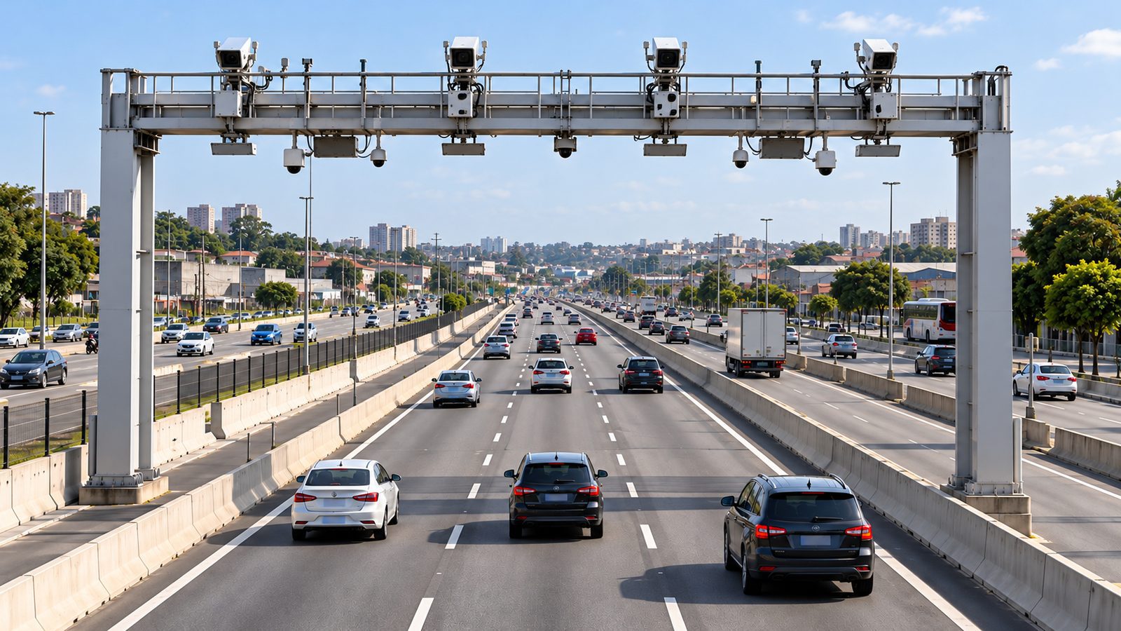 Imagem ilustrativa de pórtico de pedágio eletrônico em rodovia urbana.