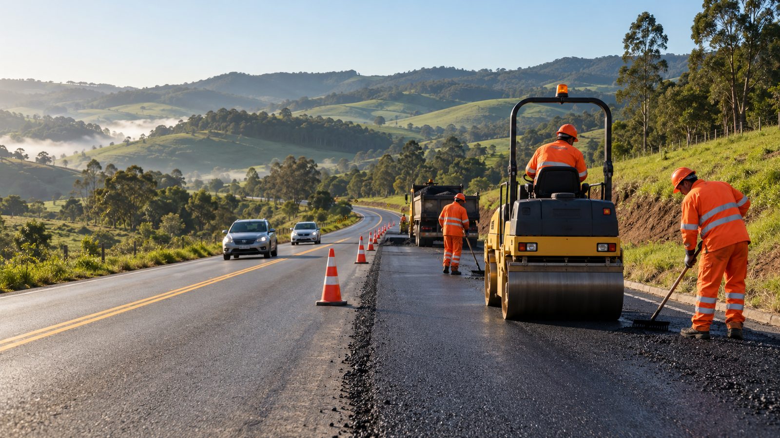 Imagem ilustrativa gerada por inteligência artificial de manutenção de pavimento em rodovia de pista simples entre colinas verdes.