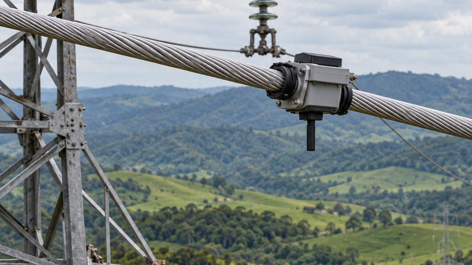 Imagem ilustrativa de condutores de uma linha elétrica com pequeno dispositivo de monitoramento e torre metálica.
