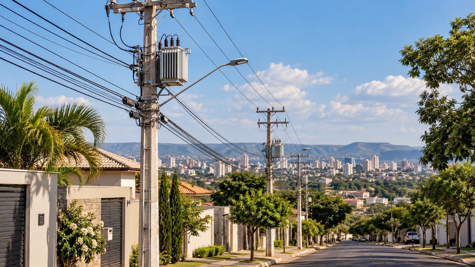 Imagem ilustrativa de rede de distribuição elétrica em bairro urbano.