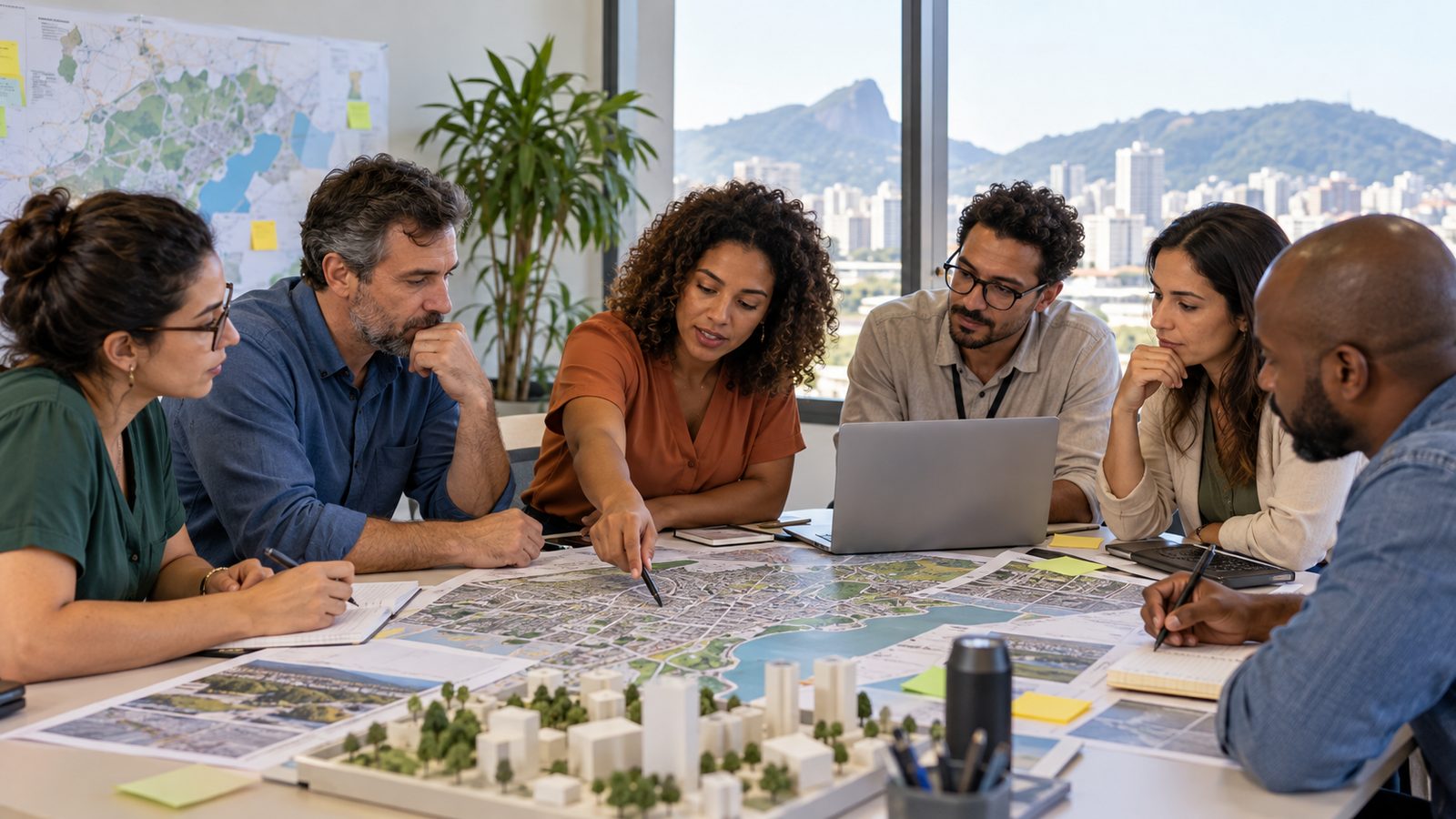 Imagem ilustrativa gerada por inteligência artificial de reunião de planejamento urbano; não retrata os participantes do encontro de Guaíra.