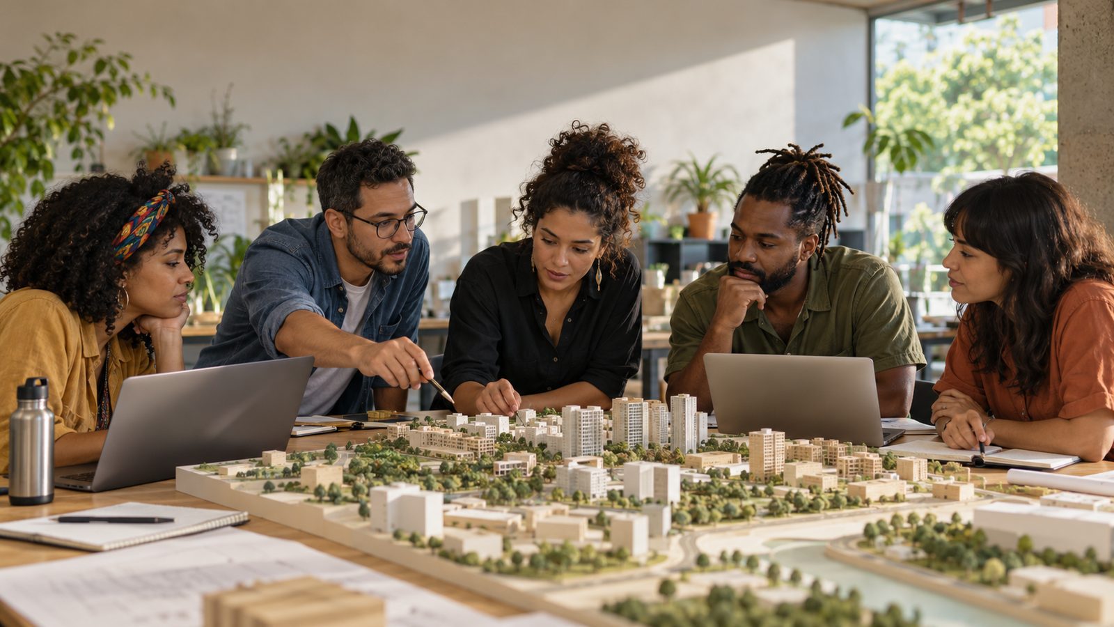 Imagem ilustrativa gerada com inteligência artificial de grupo colaborando em oficina de inovação urbana; não representa participantes reais do HackaCity.