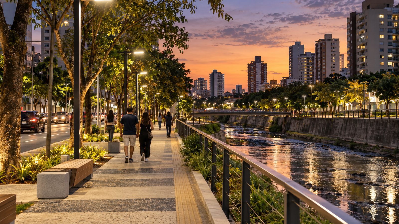 Imagem ilustrativa de rua urbana iluminada por luminárias LED no entorno de rio em Jundiaí.