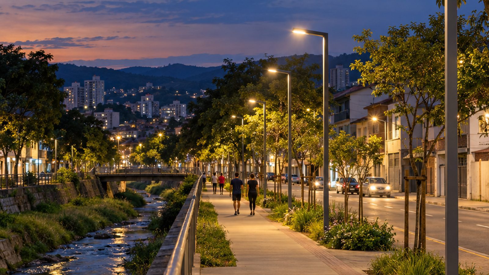 Imagem ilustrativa de luminárias LED em via urbana e caminho de pedestres junto a um rio canalizado ao anoitecer.