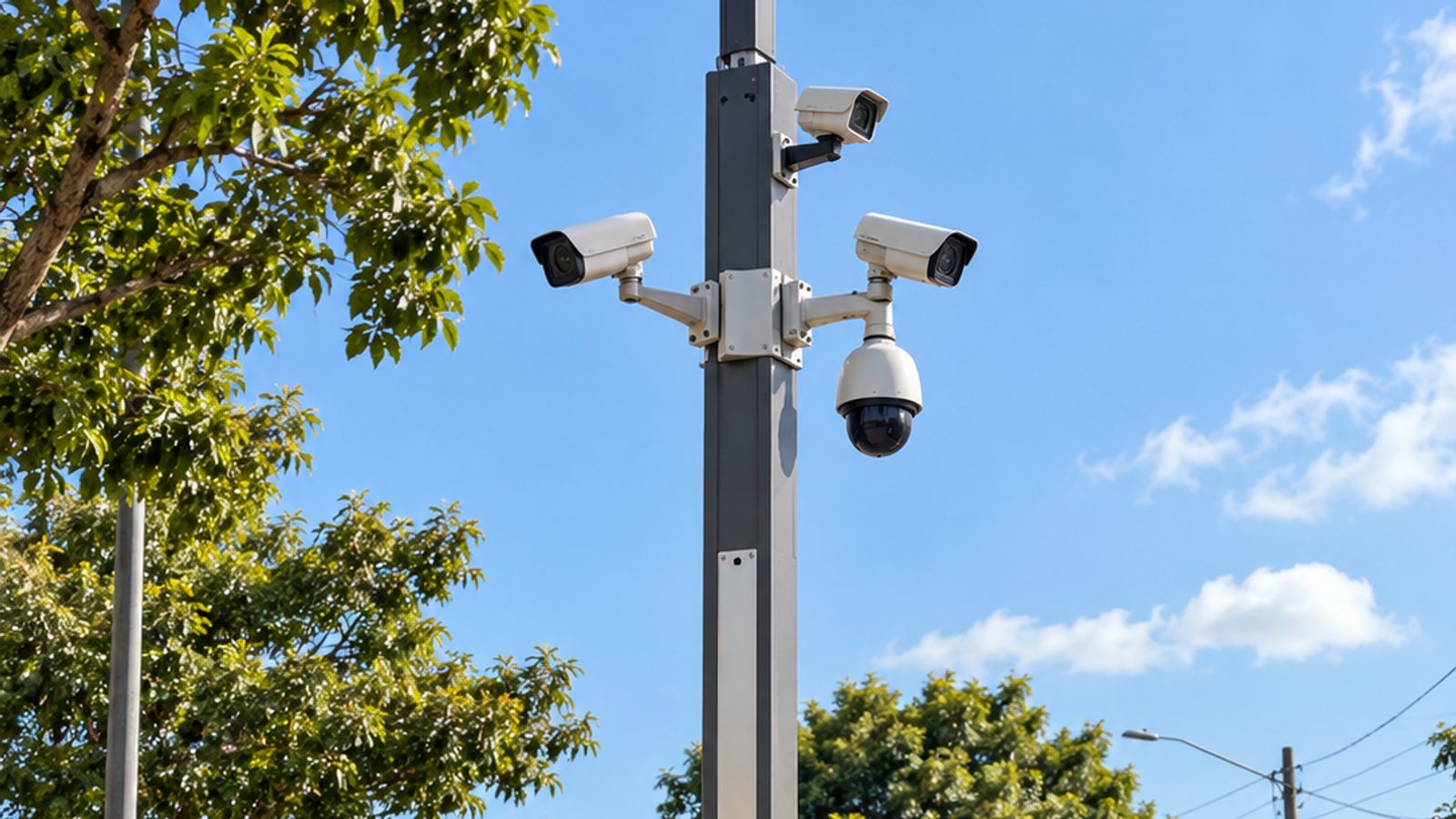 Imagem ilustrativa de estrutura urbana com câmeras de vigilância em cruzamento arborizado.