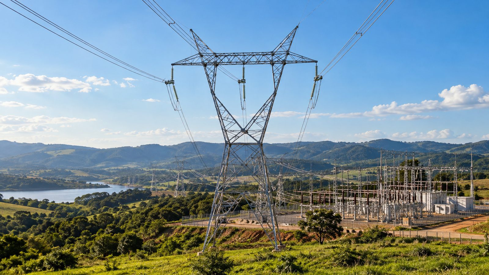 Imagem ilustrativa gerada por inteligência artificial de torre de transmissão e subestação em área rural; não retrata empreendimento leiloado.