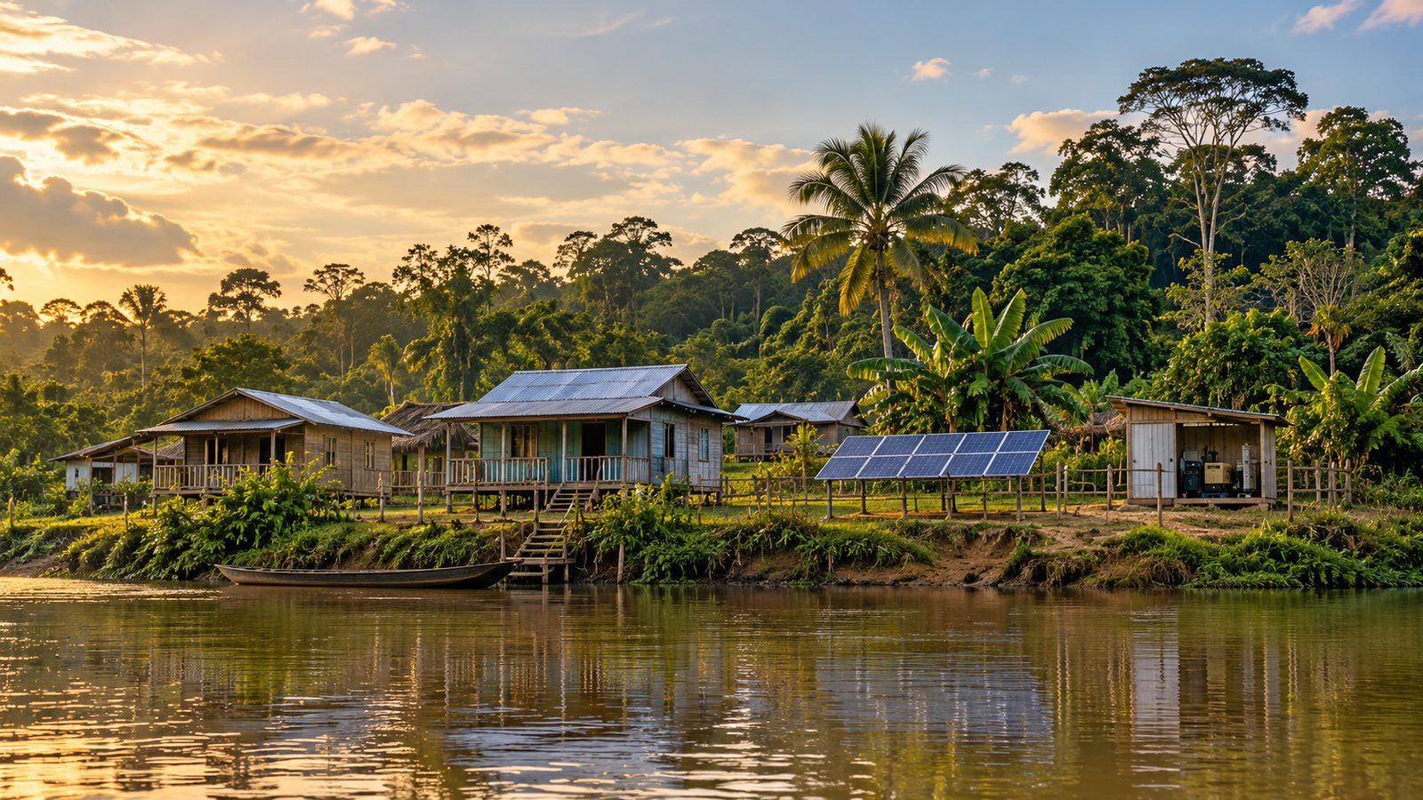 Imagem ilustrativa gerada por inteligência artificial de comunidade amazônica com geração elétrica local, sem representar uma das localidades da proposta.