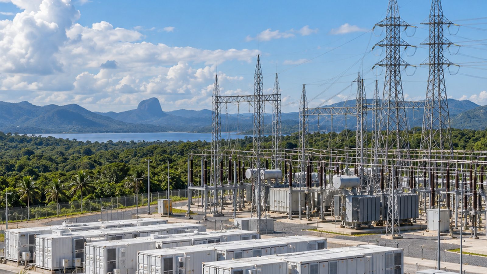 Imagem ilustrativa de sistema de baterias conectado a uma subestação elétrica brasileira.