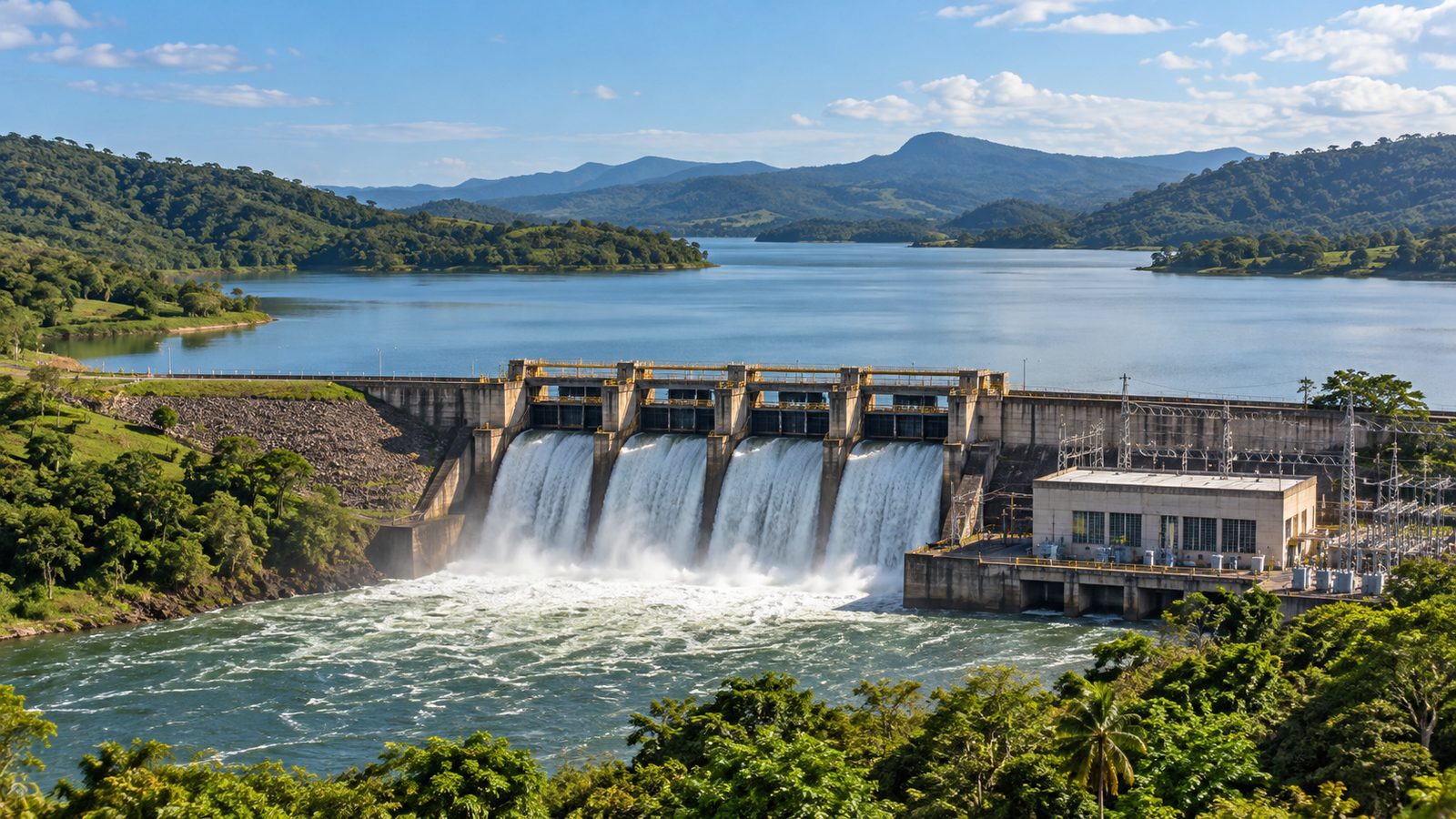 Imagem ilustrativa gerada por inteligência artificial de reservatório e infraestrutura hidrelétrica; não representa usina específica.
