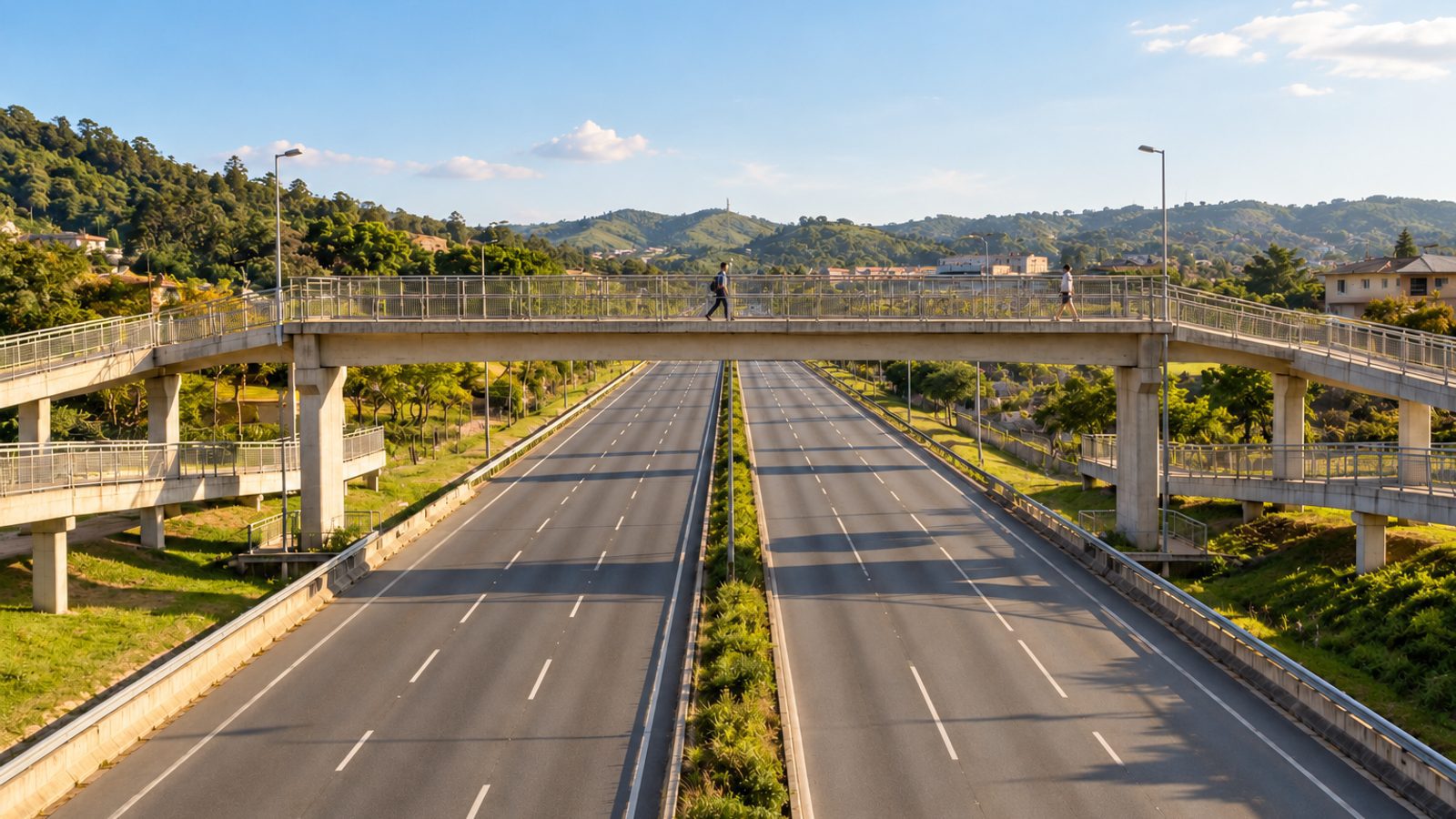 Imagem ilustrativa de passarela de pedestres sobre uma rodovia com rampa de acesso e grades de proteção.