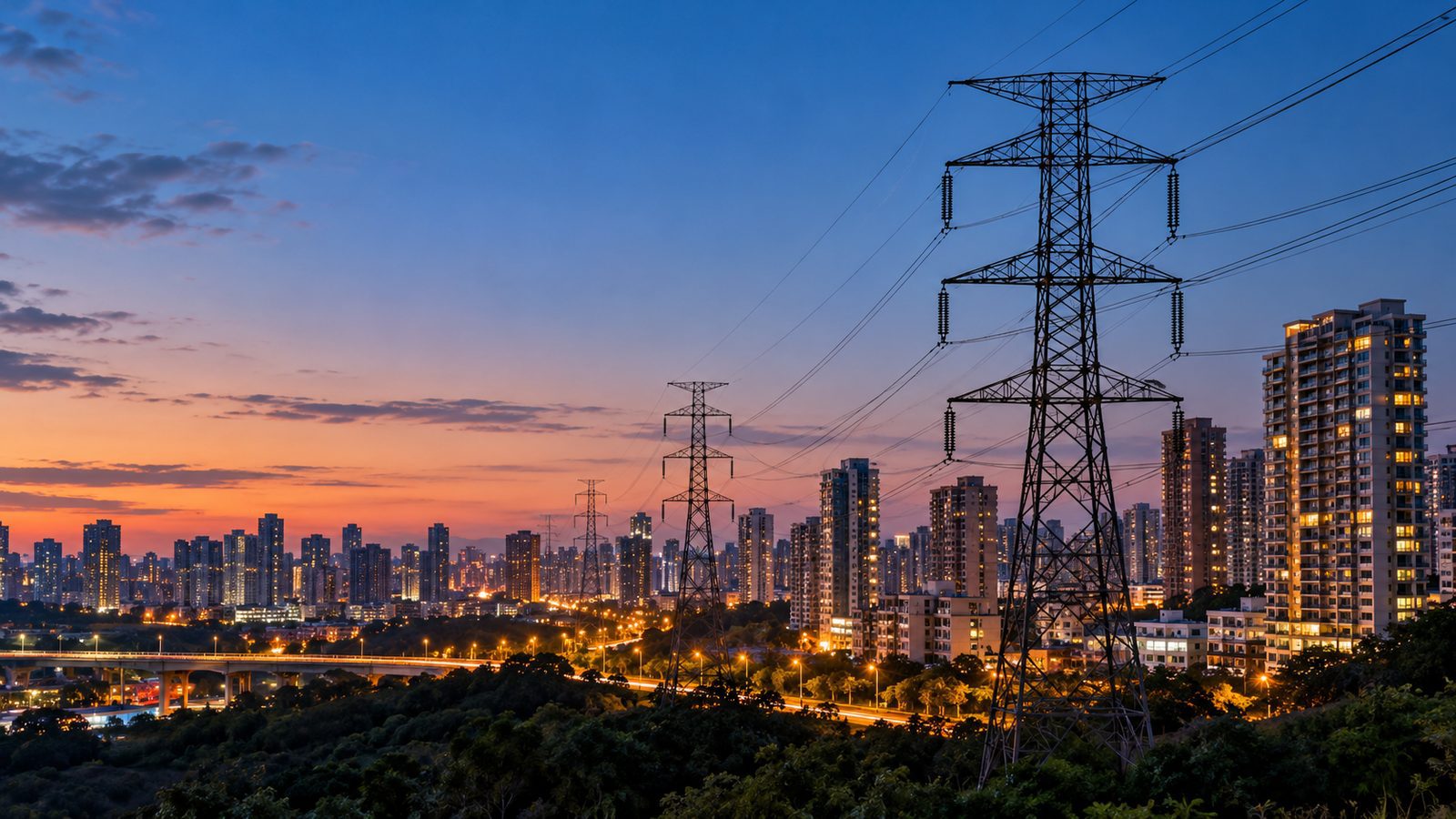 Imagem ilustrativa gerada por inteligência artificial de redes de transmissão e edifícios urbanos ao entardecer.