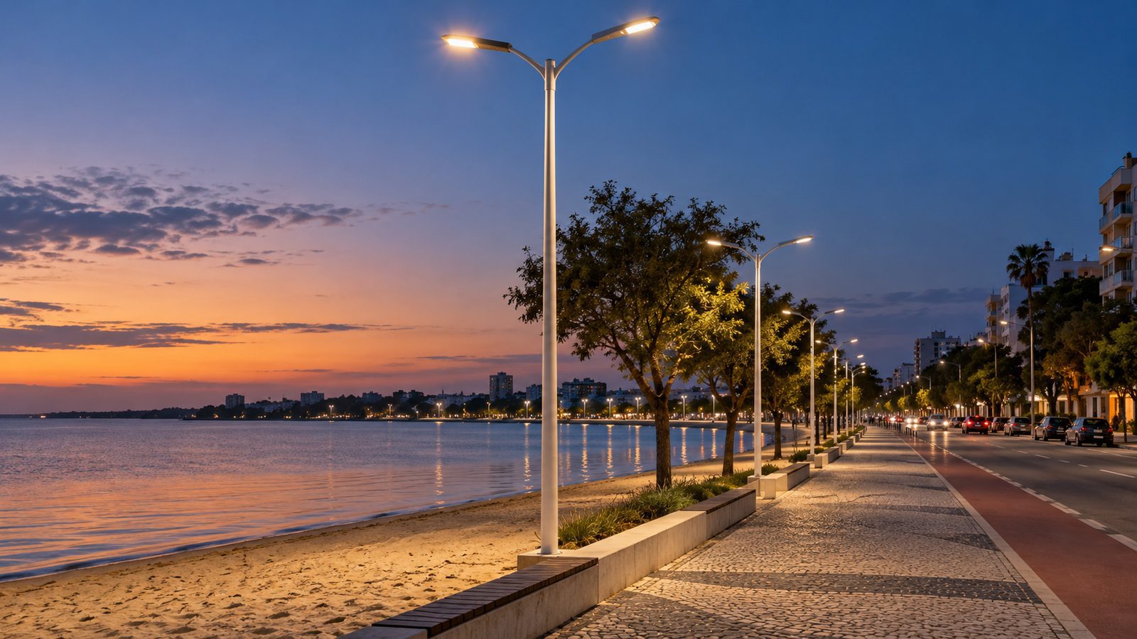 Imagem ilustrativa de orla junto à lagoa com postes de iluminação LED.