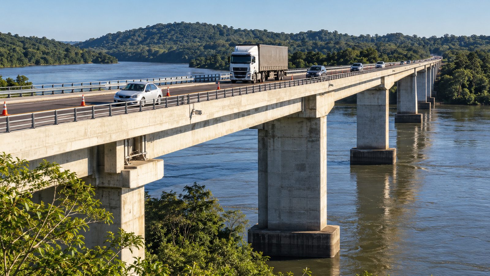 Imagem ilustrativa de ponte rodoviária recuperada sobre rio no Paraná com tráfego controlado.
