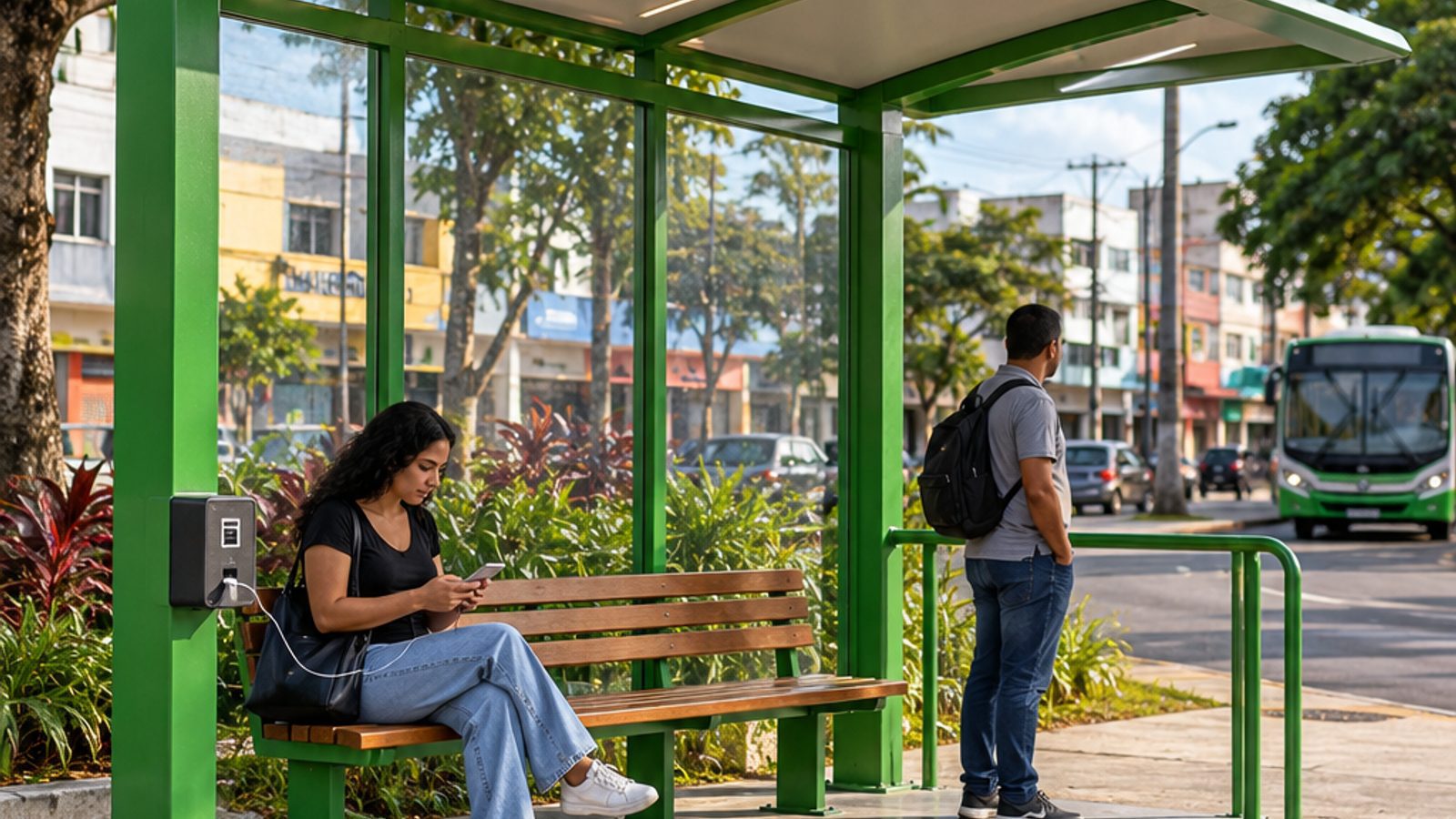 Imagem ilustrativa de um abrigo de ônibus verde com painel solar, iluminação e área acessível; não representa registro do Terminal Arco.