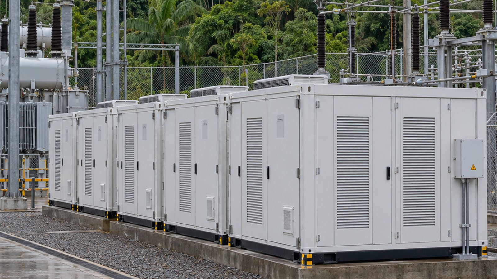 Imagem ilustrativa de módulos de armazenamento por baterias junto a equipamentos de subestação em cenário tropical.
