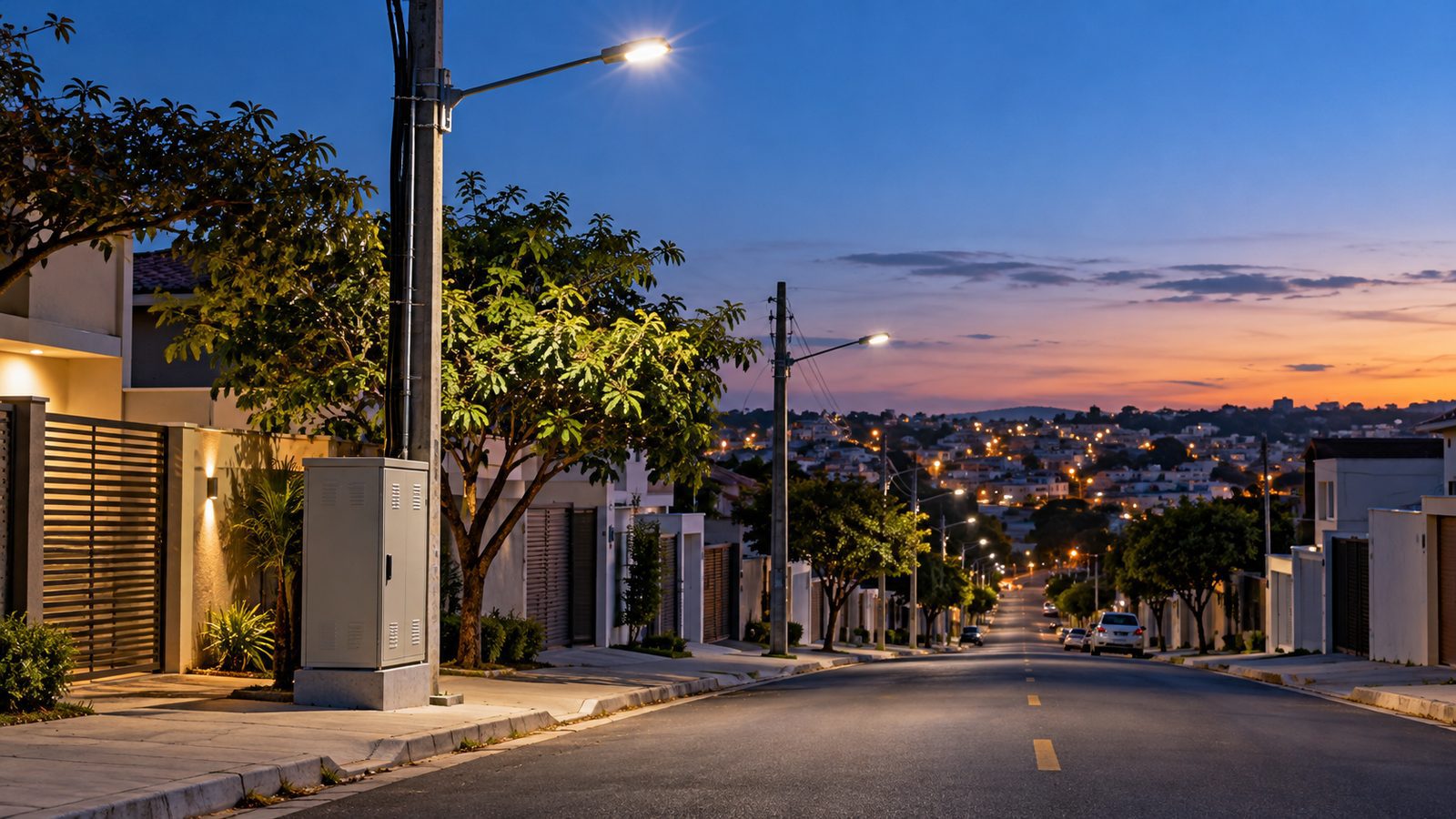 Imagem ilustrativa gerada por inteligência artificial de rua com iluminação LED e infraestrutura de telecomunicações; não representa instalação específica de Sabará.